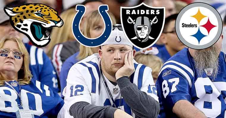 angry Colts fans with logos of the Colts Jaguars Raiders and Steelers above