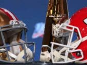 San Francisco and Kansas City helmets next to a Lombardi Trophy