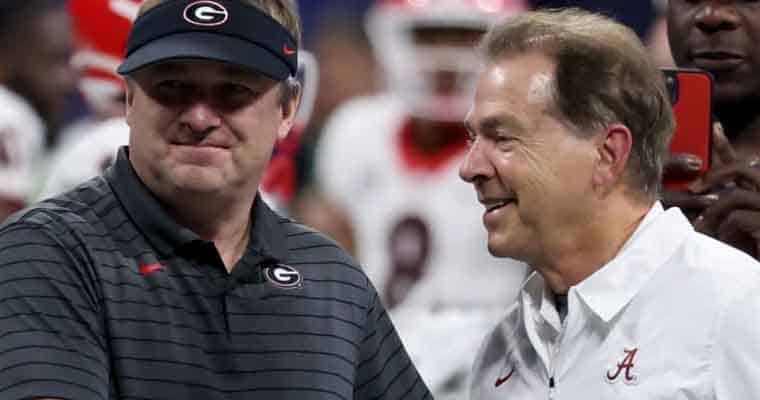 Kirby Smart and Nick Saban talking after a game