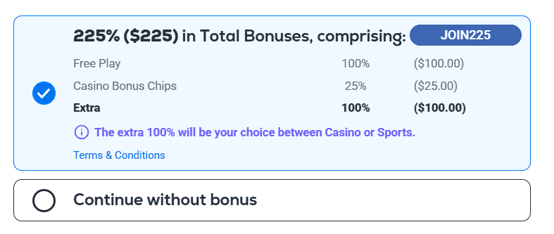 Bonus options screen at BetUS