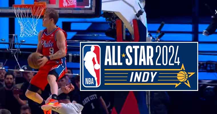 NBA All-Star 2024 Indy sign next to Mac McClung dunking a basketball