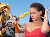 Chris Stapleton and Rihanna performing at Super Bowl 57 as jets fly over
