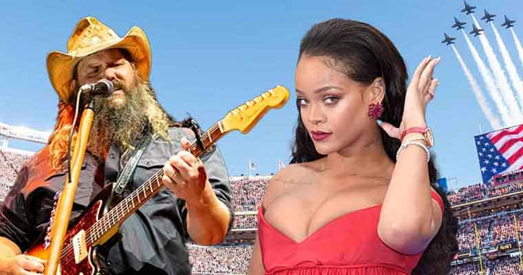 Chris Stapleton and Rihanna performing at Super Bowl 57 as jets fly over