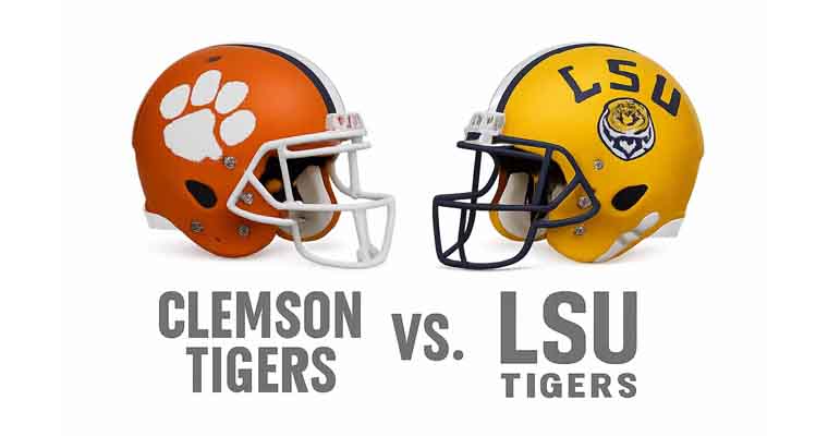 Clemson and LSU helmets facing each other