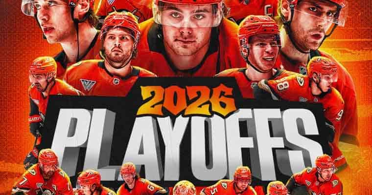 a promotional image for the Anaheim Ducks making the 2026 playoffs with key members of the team featured