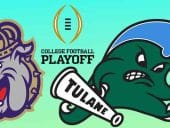 JMU Bulldogs, Tulane Green Wave, and CFP logos