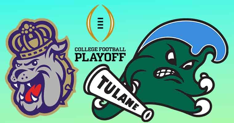 JMU Bulldogs, Tulane Green Wave, and CFP logos