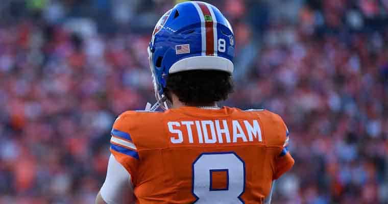 Jarrett Stidham of the Denver Broncos facing away from camera
