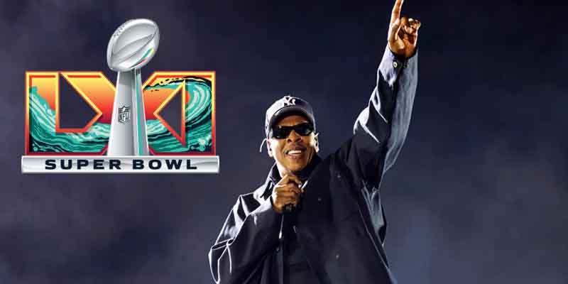 Jay-Z performing next to a Super Bowl 61 logo