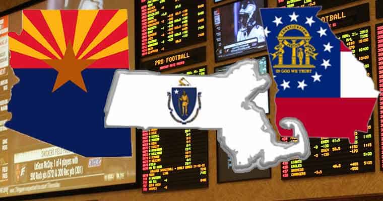 GA MA AZ state map icons in front of a legal sports betting venue