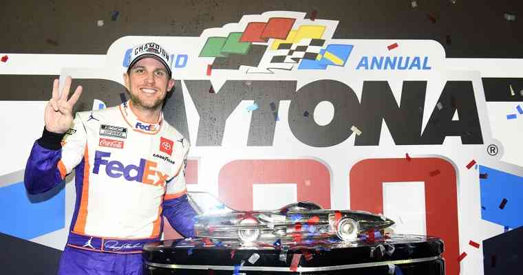 Denny Hamlin proving that the NASCAR betting odds to win the Daytona 500 are correct