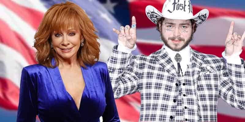 Post Malone and Reba McEntire in front of a waving American flag
