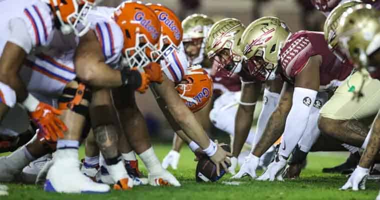 FSU and Florida lining up against each other on the football field