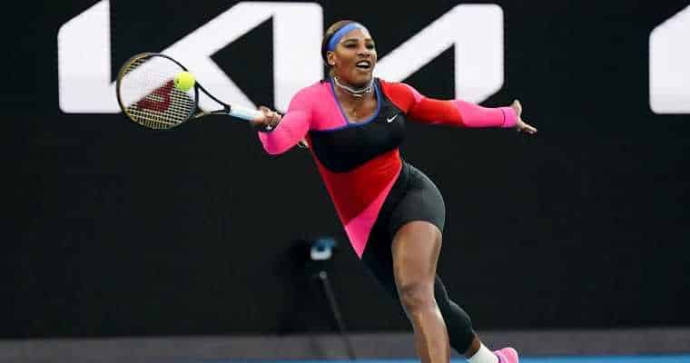 Serena Williams delivering a crushing forehand volley at the Australian Open