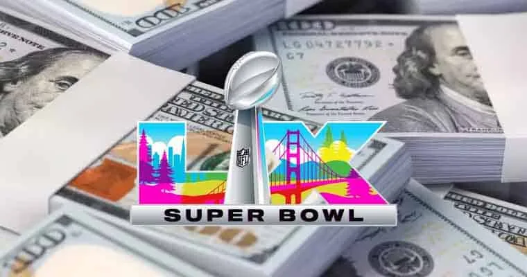 Super Bowl LX logo over a stack of $100 dollar bills