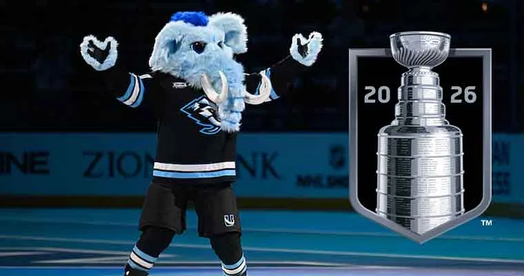 Utah Mammoth mascot on the ice facing a 2026 NHL Playoffs logo