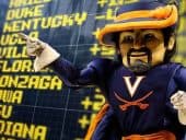 Virginia Cavaliers mascot posing in front of a sportsbook menu