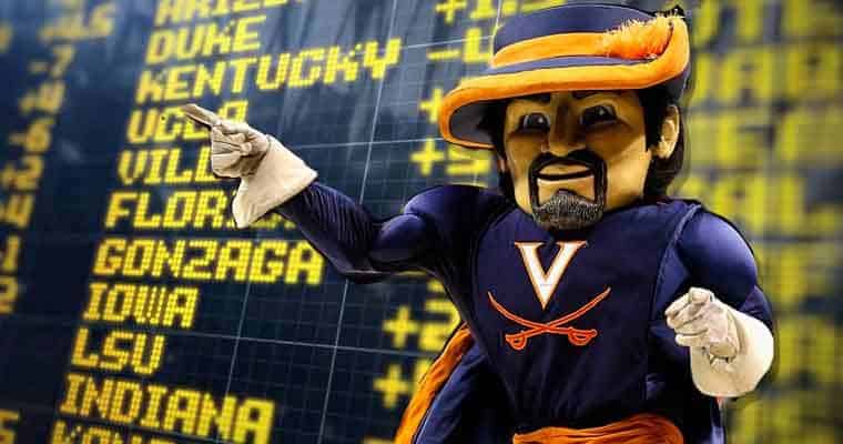 Virginia Cavaliers mascot posing in front of a sportsbook menu