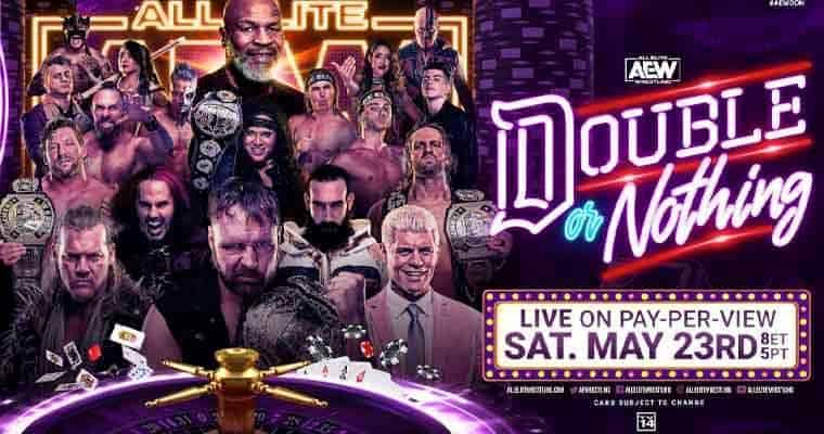 AEW Double or Nothing Pay Per View Banner featuring their roster of wrestlers