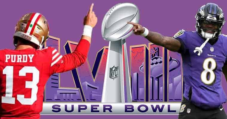 Lamar Jackson and Brock Purdy in front of a Super Bowl LVIII logo