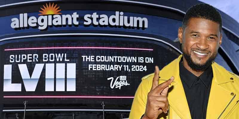 Usher in front of Allegiant Stadium, host site of Super Bowl 58