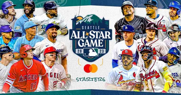 a 2023 MLB All-Star Game promo with players on either side of an official logo