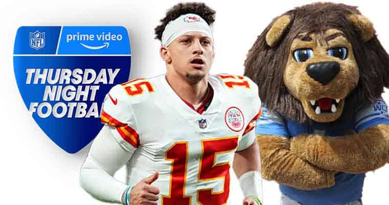 Thursday Night Football logo next to Patrick Mahomes and Roary the mascot for the Detroit Lions