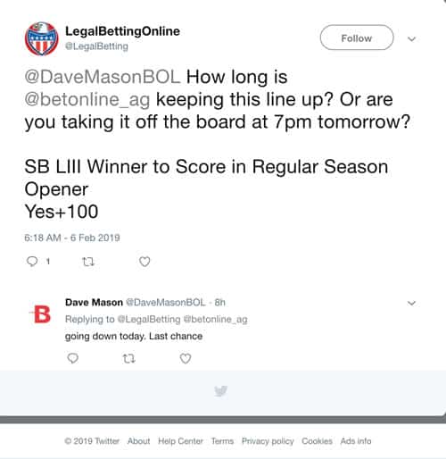 BetOnline Tweet About SBLIII Winner Odds