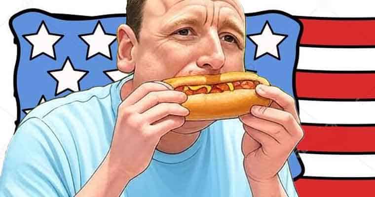 Joey Chesnutt cartoon image with a hotdog