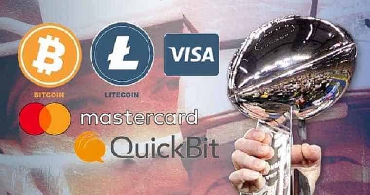 super bowl trophy with litecoin, bitcoin, visa, quickbit logos