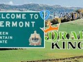 Vermont welcome sign next to logos for DraftKings and FanDuel in front of green mountains