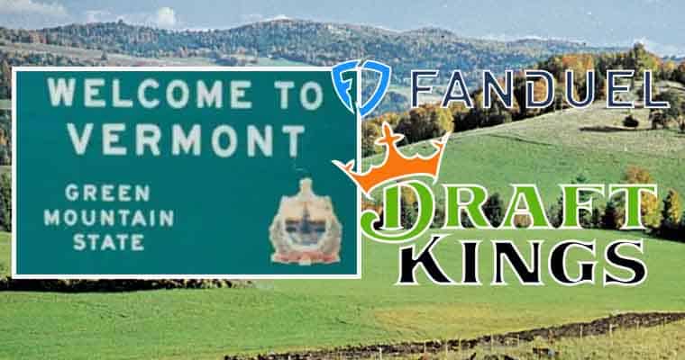 Vermont welcome sign next to logos for DraftKings and FanDuel in front of green mountains
