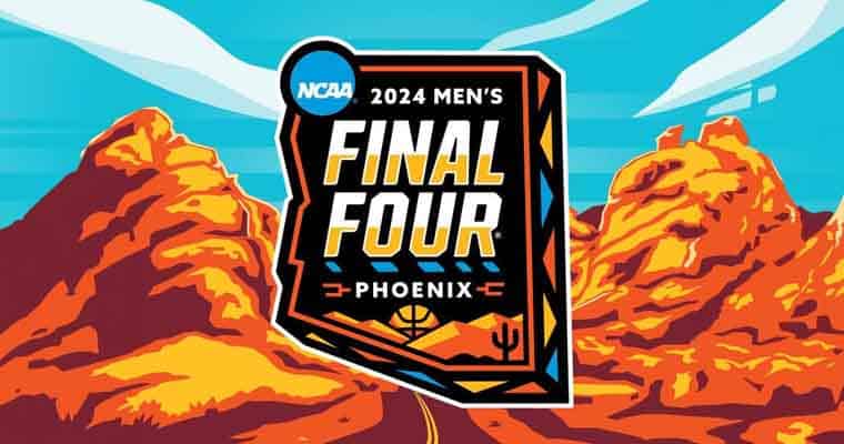 2024 Final Four logo in front of an animated image of desert mountains and a blue sky