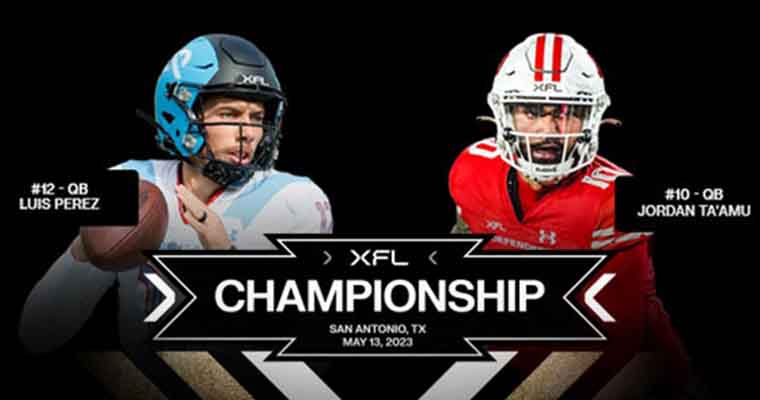 2023 XFL Championship Game promo featuring the starting QBs for the DC Defenders and Arlington Renegades