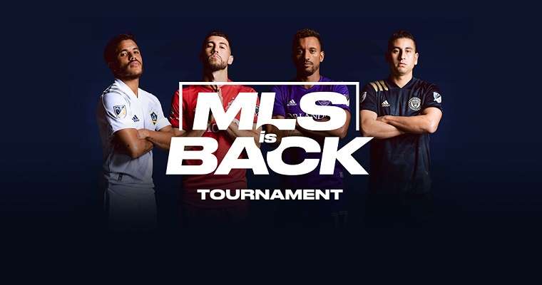 four MLS players standing behind an MLS is Back Tournament logo