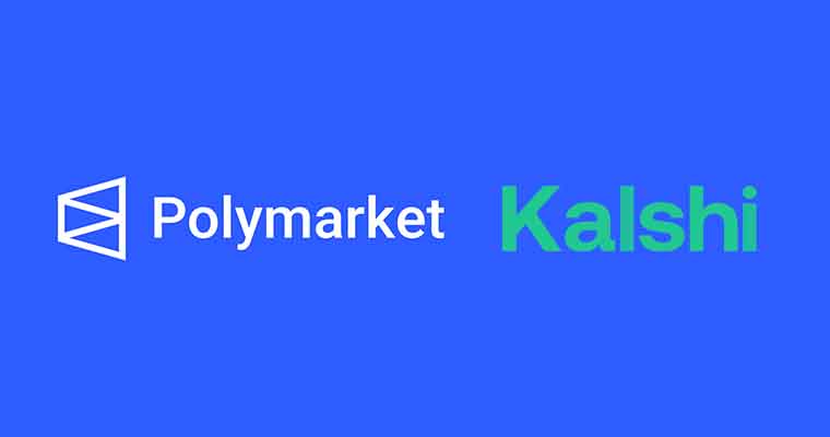 Polymarket and Kalshi logos on a blue background.
