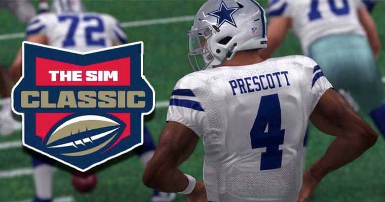 Virtual Dak Prescott faces away from camera with Bovada's The Sim Classic logo to his left